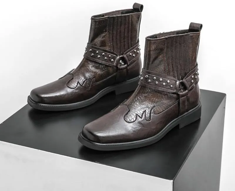 Men's Leather Slip-On Ankle Boots Metallic Rivet Banded Accents W-Stitch Detailing Square Toe Flat Sole Durable Casual Footwear
