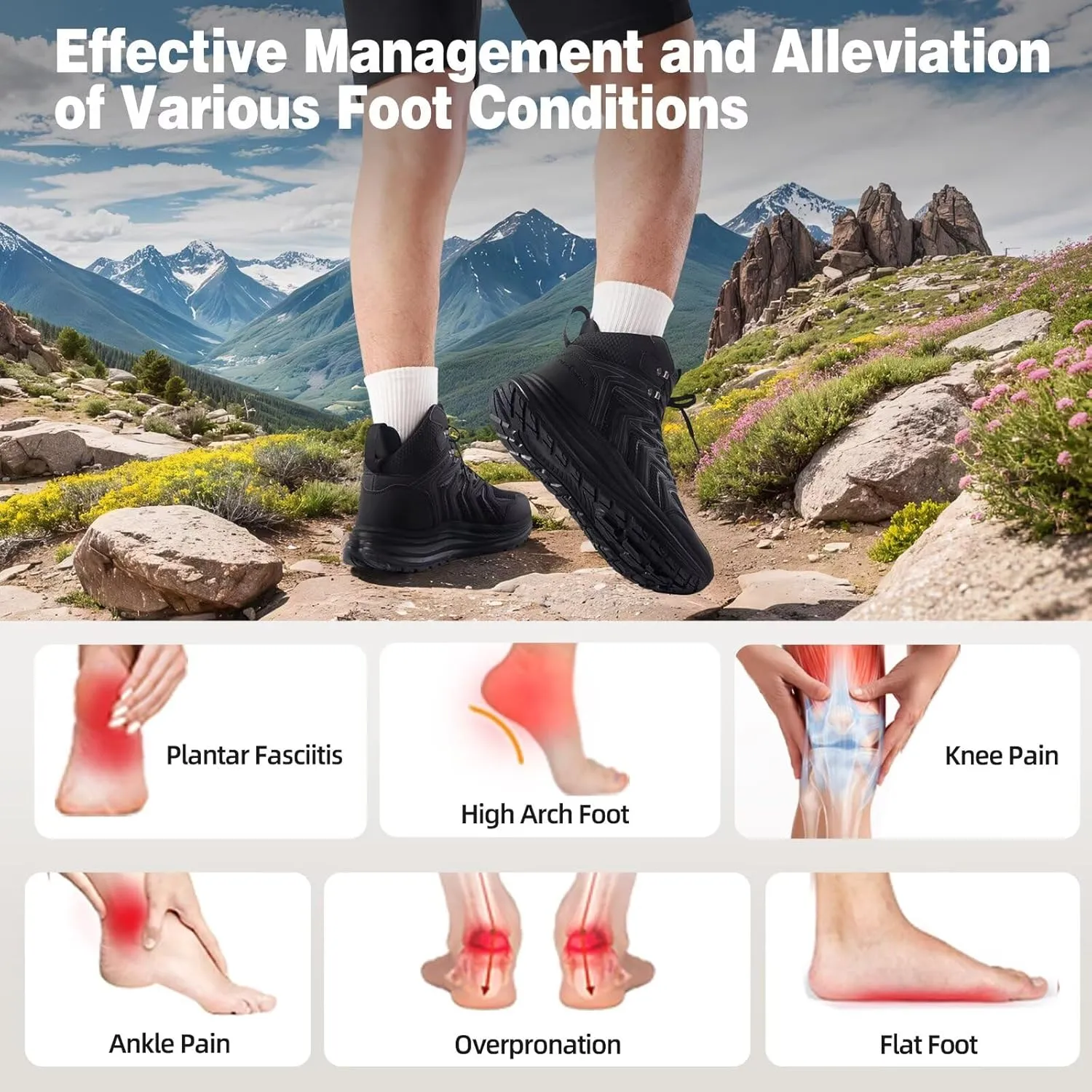 Men's Orthopedic Mid Trekking Hiking Boots: Comfortable Plantar Fasciitis Ankle Support Work Walking Running Shoes, Orthotic Cushion Sport Gym Cross Training Trail Sneakers for Foot Heel Pain Relief