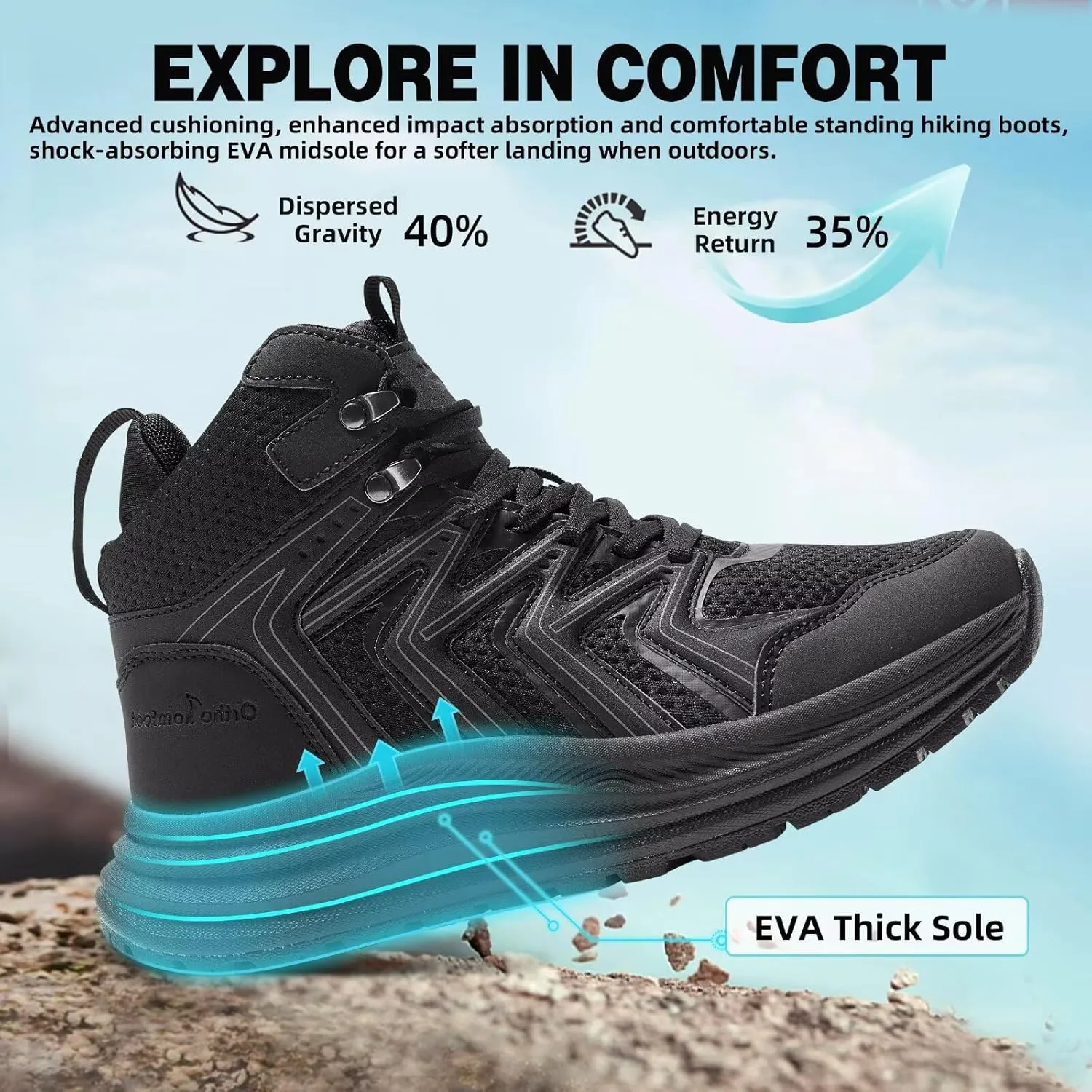 Men's Orthopedic Mid Trekking Hiking Boots: Comfortable Plantar Fasciitis Ankle Support Work Walking Running Shoes, Orthotic Cushion Sport Gym Cross Training Trail Sneakers for Foot Heel Pain Relief