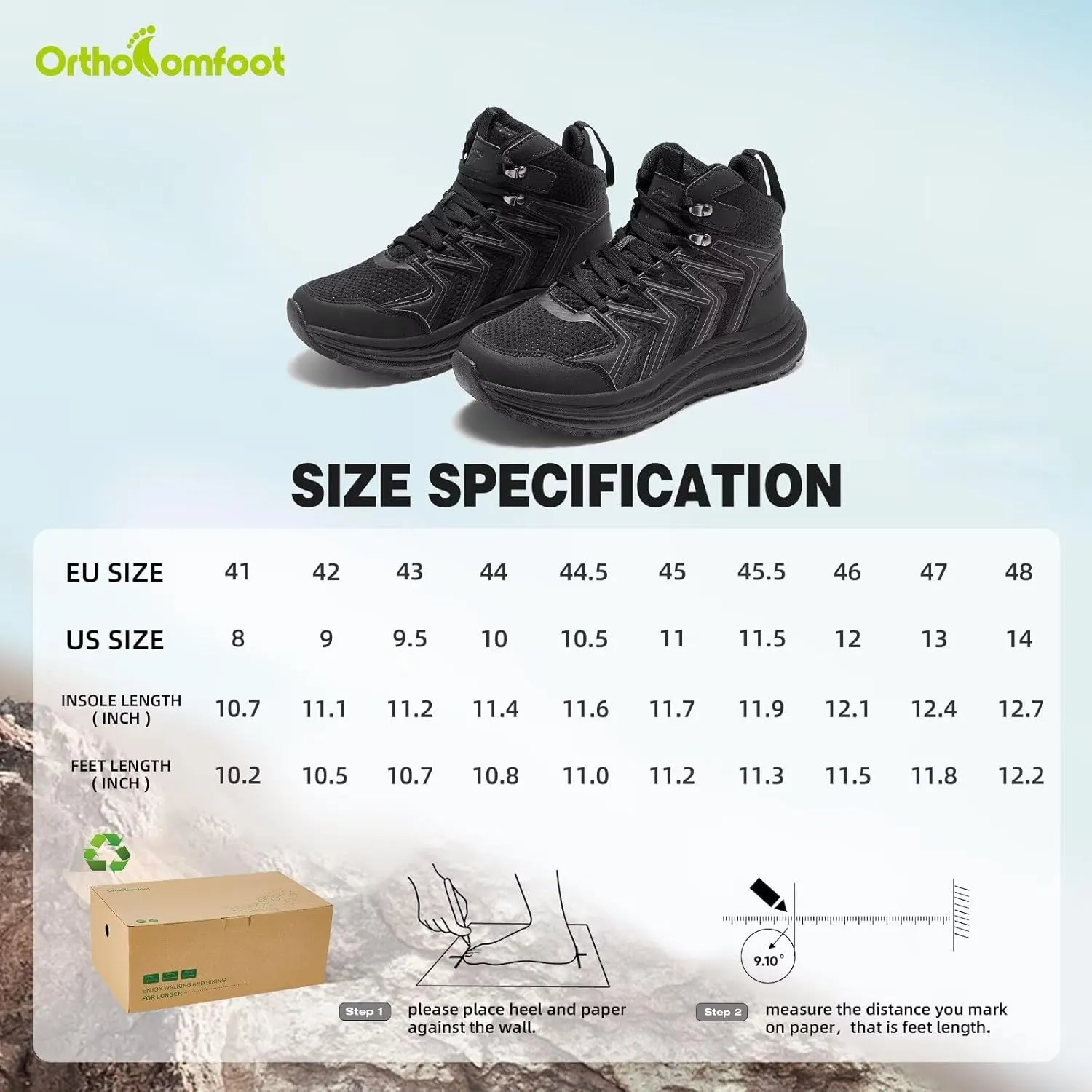Men's Orthopedic Mid Trekking Hiking Boots: Comfortable Plantar Fasciitis Ankle Support Work Walking Running Shoes, Orthotic Cushion Sport Gym Cross Training Trail Sneakers for Foot Heel Pain Relief