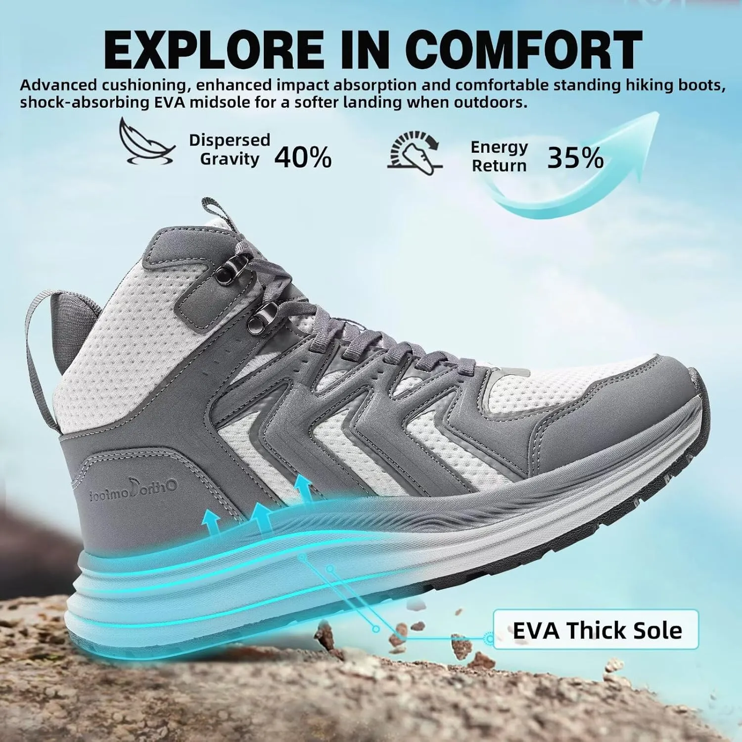 Men's Orthopedic Mid Trekking Hiking Boots: Comfortable Plantar Fasciitis Ankle Support Work Walking Running Shoes, Orthotic Cushion Sport Gym Cross Training Trail Sneakers for Foot Heel Pain Relief