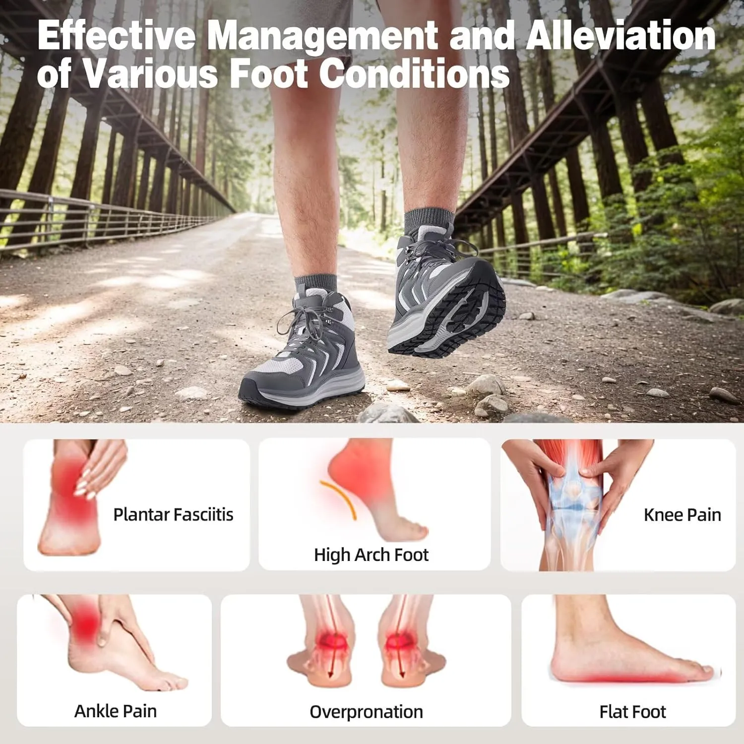 Men's Orthopedic Mid Trekking Hiking Boots: Comfortable Plantar Fasciitis Ankle Support Work Walking Running Shoes, Orthotic Cushion Sport Gym Cross Training Trail Sneakers for Foot Heel Pain Relief
