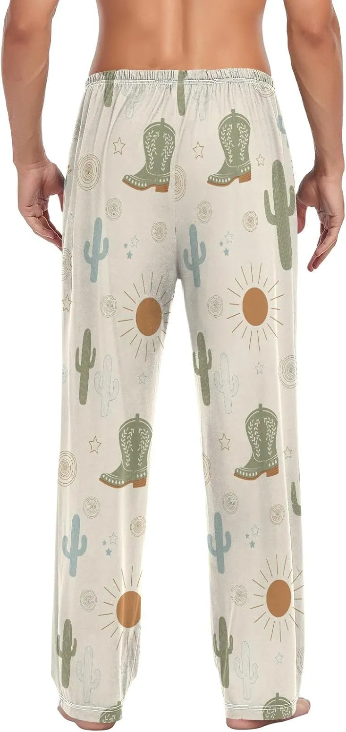 Mens Pajama Pants Western Cowboy Boots Cactus Soft Lounge Sleep Pj Bottoms with Drawstring Pockets