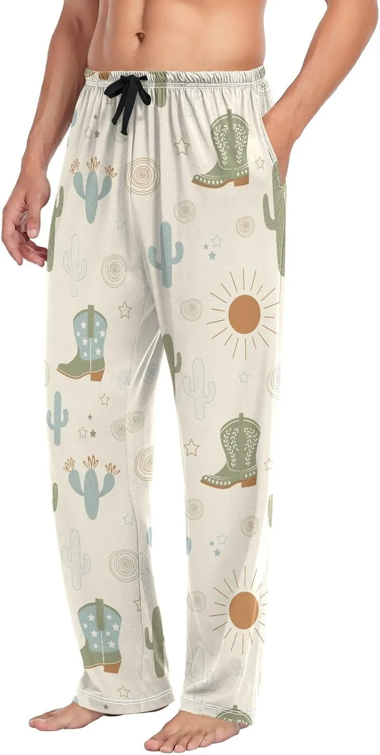Mens Pajama Pants Western Cowboy Boots Cactus Soft Lounge Sleep Pj Bottoms with Drawstring Pockets