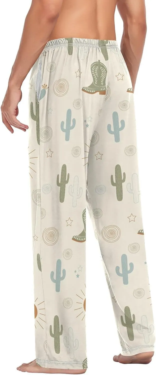 Mens Pajama Pants Western Cowboy Boots Cactus Soft Lounge Sleep Pj Bottoms with Drawstring Pockets