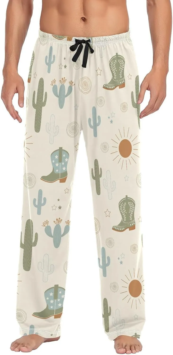 Mens Pajama Pants Western Cowboy Boots Cactus Soft Lounge Sleep Pj Bottoms with Drawstring Pockets