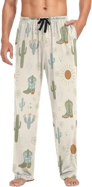 Mens Pajama Pants Western Cowboy Boots Cactus Soft Lounge Sleep Pj Bottoms with Drawstring Pockets