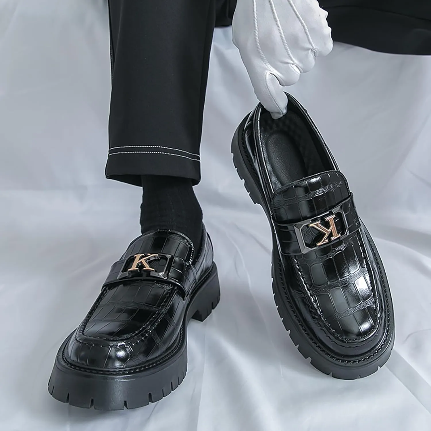 Men's Printed Leather Lug Sole Platform Loafers Metal Buckle Round Toe Comfort Slip On Penny Loafers Casual Non-Slip Oxfords Business Party Wedding Dress Shoes
