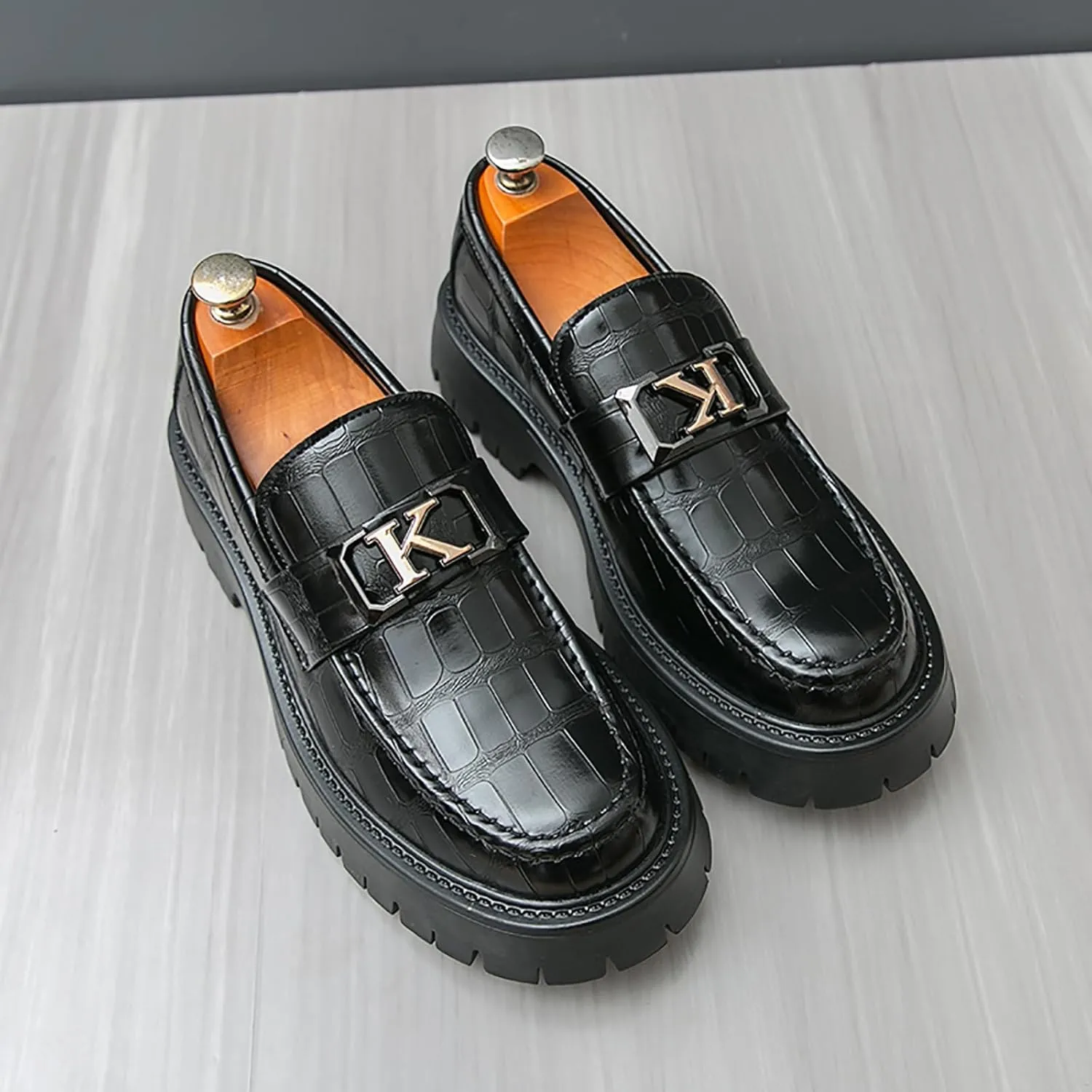 Men's Printed Leather Lug Sole Platform Loafers Metal Buckle Round Toe Comfort Slip On Penny Loafers Casual Non-Slip Oxfords Business Party Wedding Dress Shoes