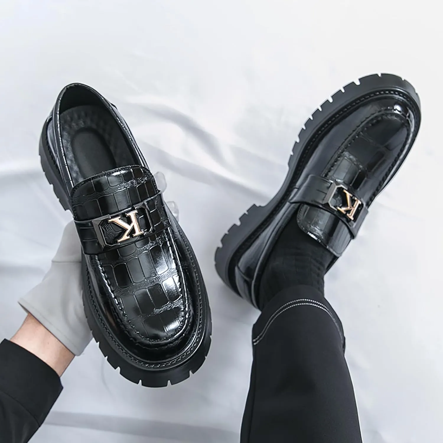 Men's Printed Leather Lug Sole Platform Loafers Metal Buckle Round Toe Comfort Slip On Penny Loafers Casual Non-Slip Oxfords Business Party Wedding Dress Shoes