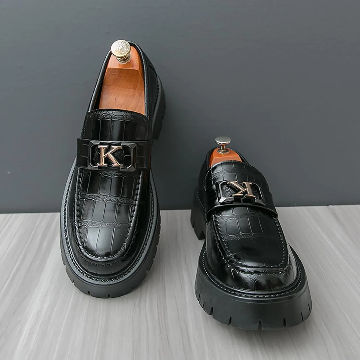 Men's Printed Leather Lug Sole Platform Loafers Metal Buckle Round Toe Comfort Slip On Penny Loafers Casual Non-Slip Oxfords Business Party Wedding Dress Shoes