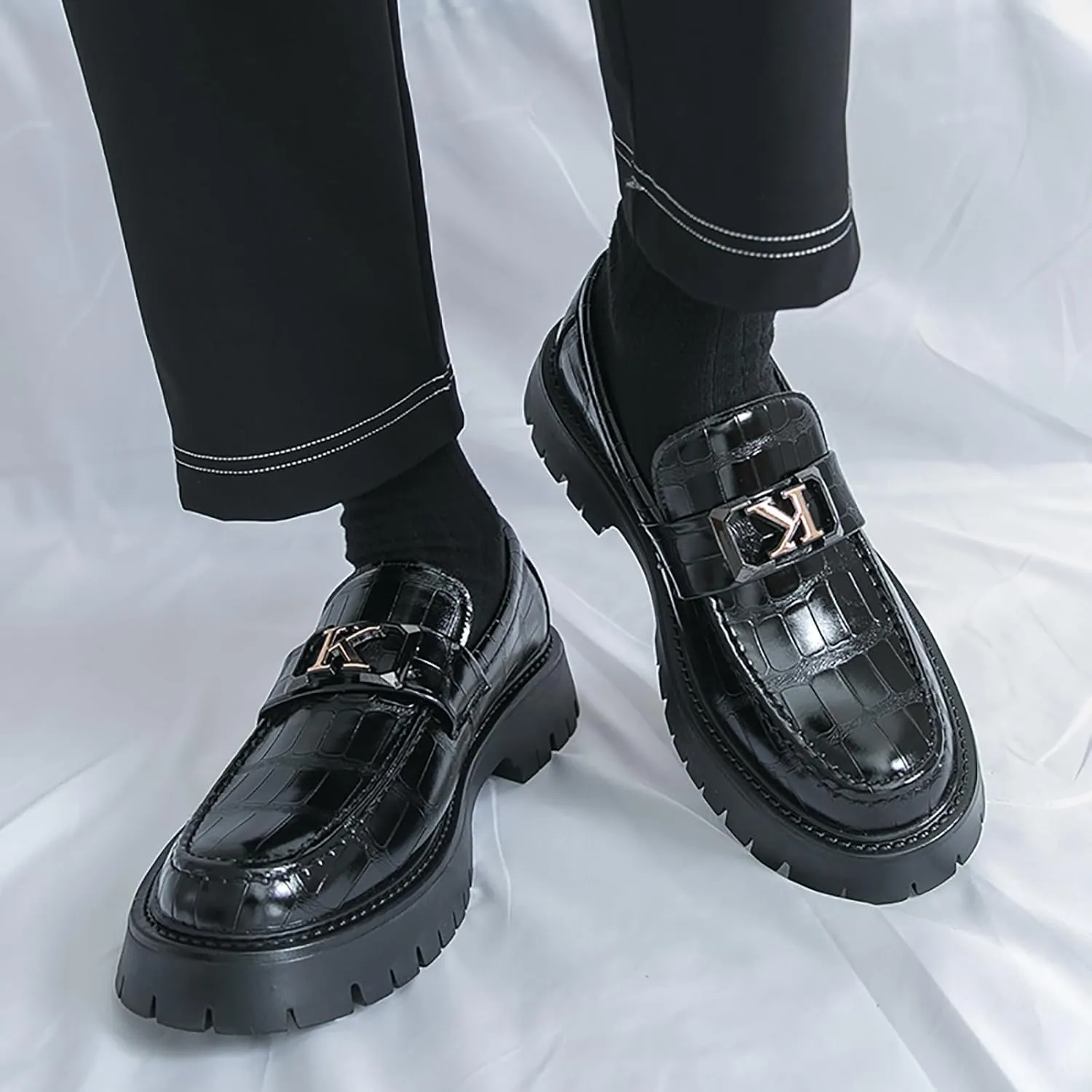 Men's Printed Leather Lug Sole Platform Loafers Metal Buckle Round Toe Comfort Slip On Penny Loafers Casual Non-Slip Oxfords Business Party Wedding Dress Shoes