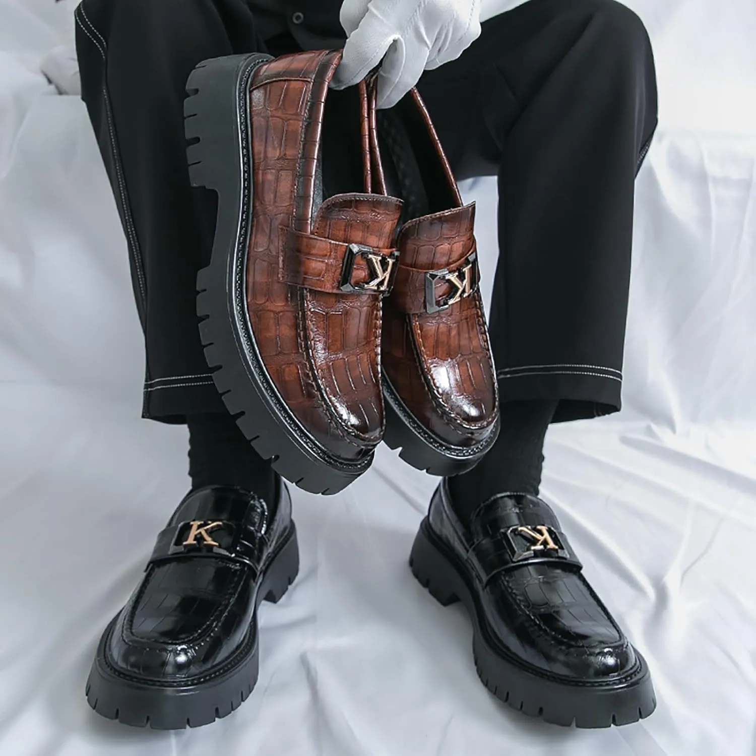 Men's Printed Leather Lug Sole Platform Loafers Metal Buckle Round Toe Comfort Slip On Penny Loafers Casual Non-Slip Oxfords Business Party Wedding Dress Shoes