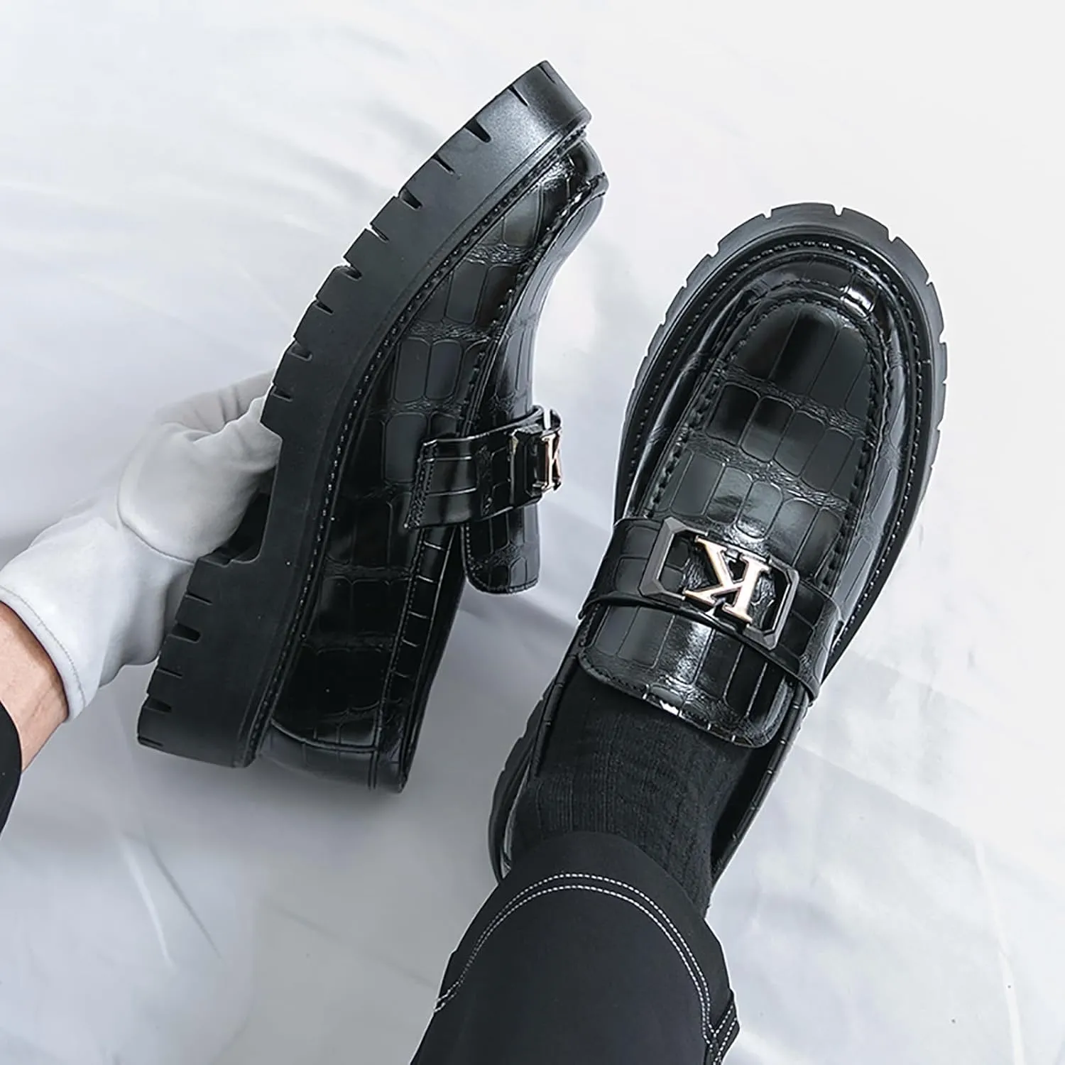 Men's Printed Leather Lug Sole Platform Loafers Metal Buckle Round Toe Comfort Slip On Penny Loafers Casual Non-Slip Oxfords Business Party Wedding Dress Shoes
