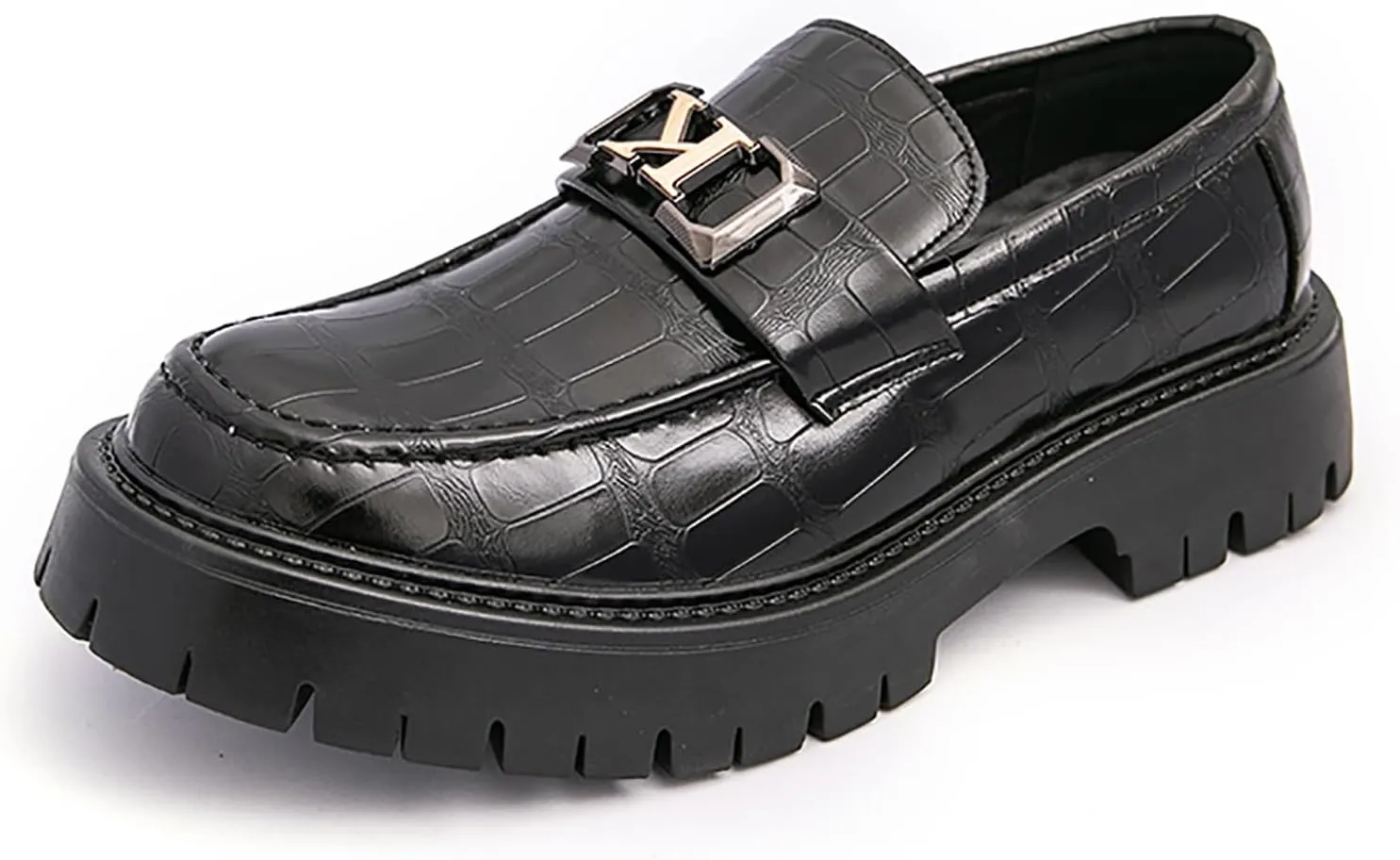 Men's Printed Leather Lug Sole Platform Loafers Metal Buckle Round Toe Comfort Slip On Penny Loafers Casual Non-Slip Oxfords Business Party Wedding Dress Shoes