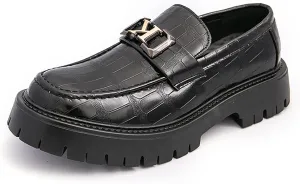 Men's Printed Leather Lug Sole Platform Loafers Metal Buckle Round Toe Comfort Slip On Penny Loafers Casual Non-Slip Oxfords Business Party Wedding Dress Shoes