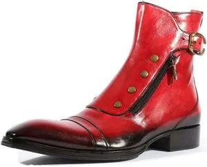 Men's Pull On Ankle Boots Chunky Block Heel Side Zipper Pu Leather Fashionable Durable Western Cowboy Boots Unisex Retro Classic Short Boots For Spring Fall ( Color : Red , Size : 11 Women/9.5 Men )