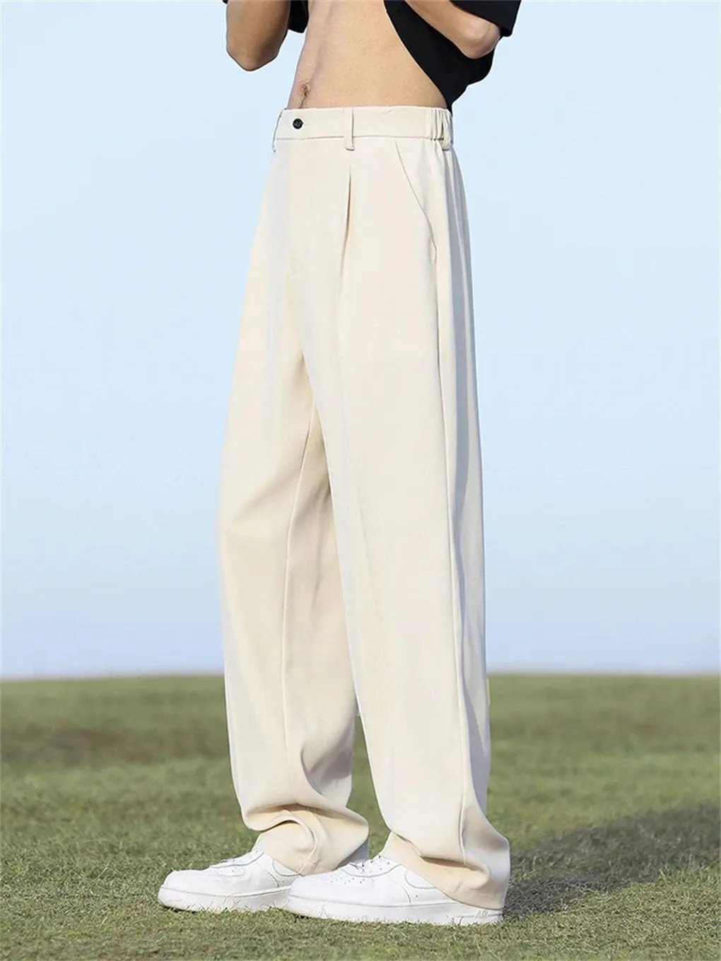 Men's Solid Color Casual Light Shiny Elastic Drape Wide Leg Suit Trousers