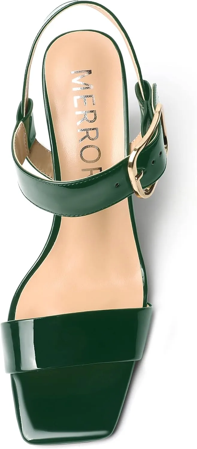 MERRORI Womens Ankle Strap Patent Mule Open Toe Sexy Dating Buckle Chunky High Heel Heeled Sandals 3.3 Inch