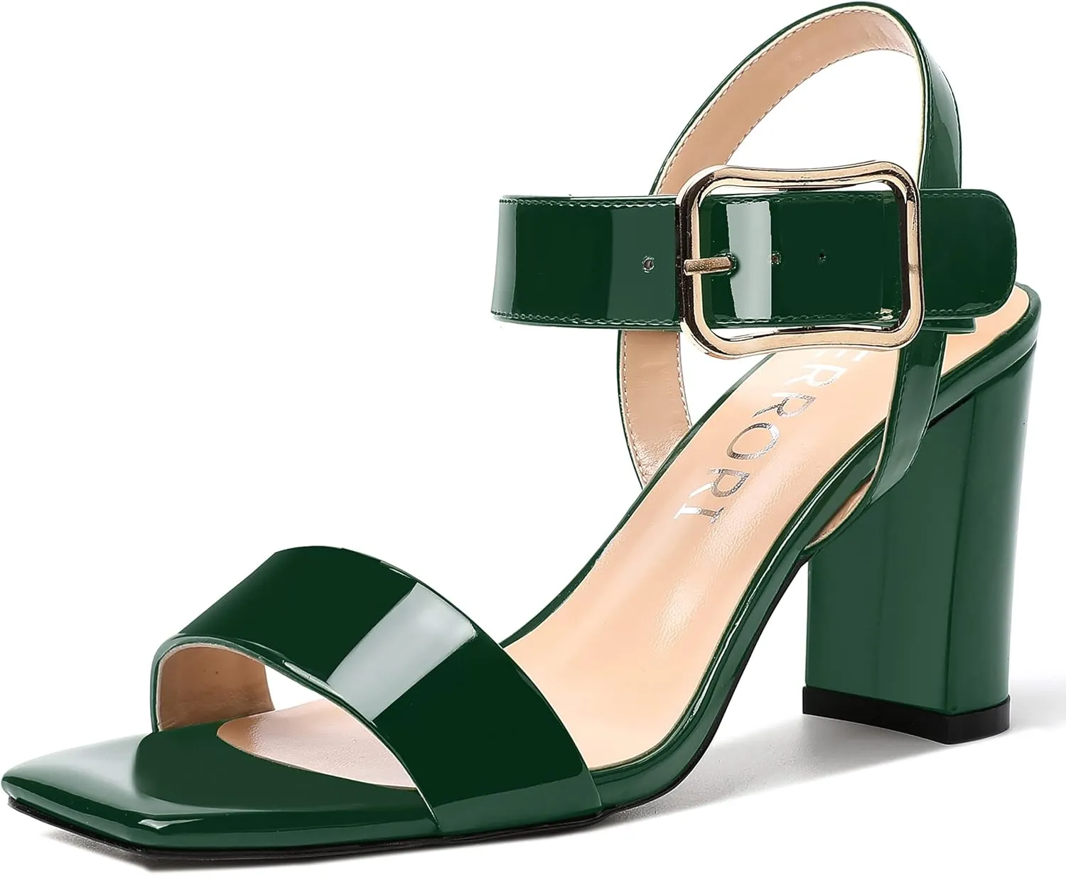 MERRORI Womens Ankle Strap Patent Mule Open Toe Sexy Dating Buckle Chunky High Heel Heeled Sandals 3.3 Inch