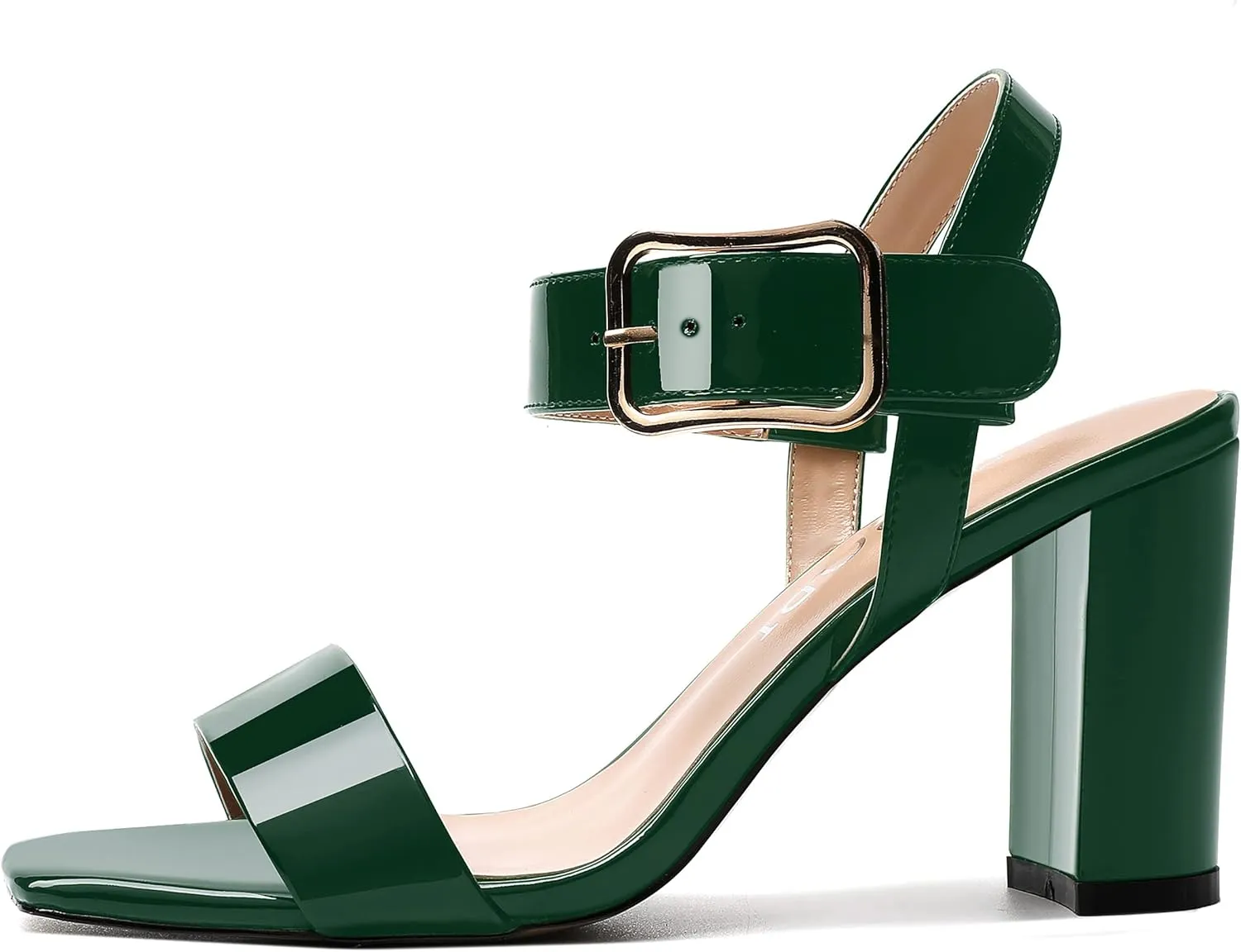 MERRORI Womens Ankle Strap Patent Mule Open Toe Sexy Dating Buckle Chunky High Heel Heeled Sandals 3.3 Inch