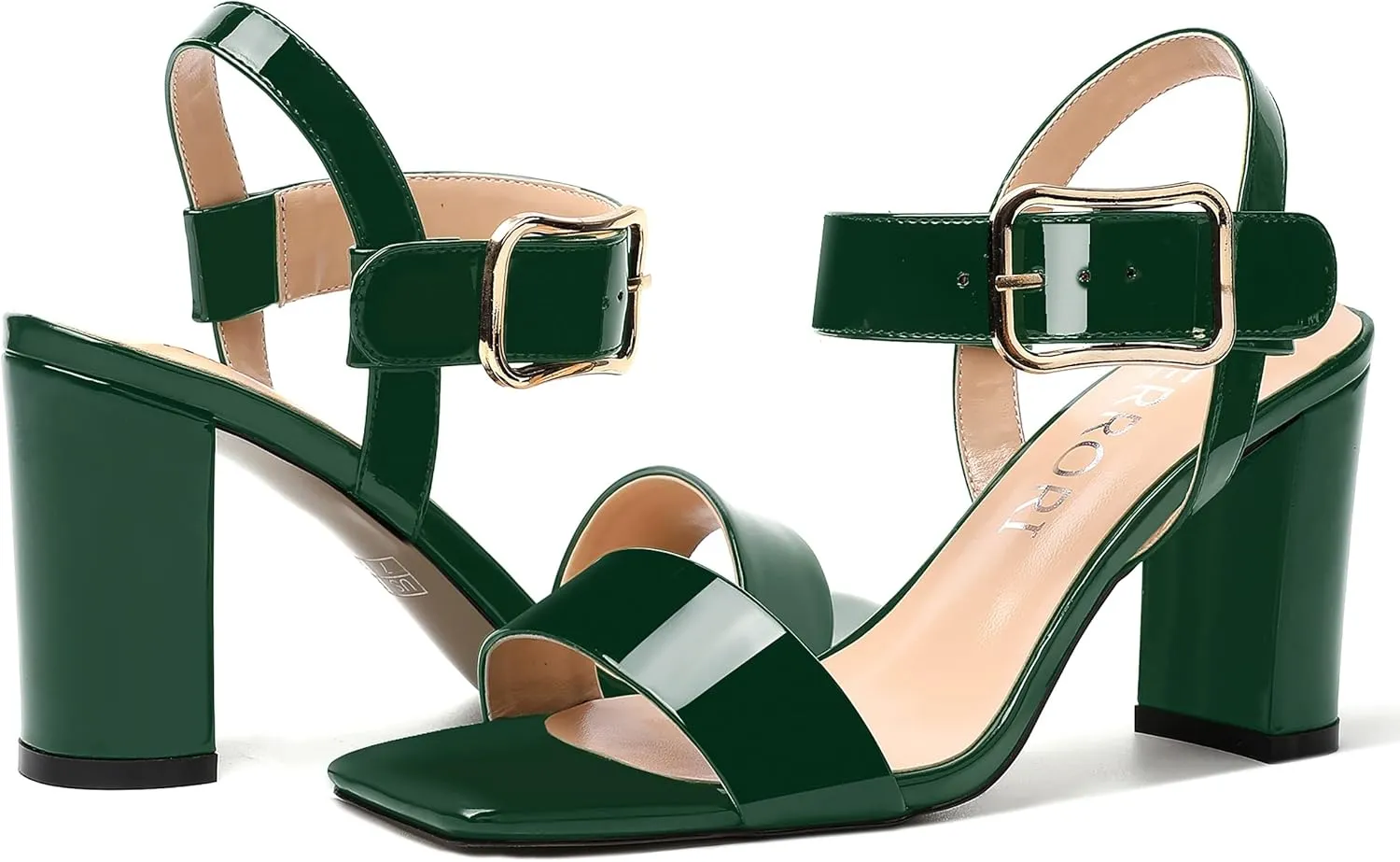 MERRORI Womens Ankle Strap Patent Mule Open Toe Sexy Dating Buckle Chunky High Heel Heeled Sandals 3.3 Inch