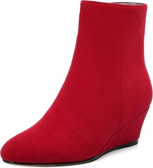 MERRORI Womens Casual Zip Suede Wedge Booties Office Round Toe Wedge Booties Low Heel Ankle High Boots 2 Inch