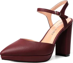 MERRORI Womens Evening Matte Sandals Dress Buckle Pointed Toe Ankle Strap Chunky High Heel Pumps Shoes 4 Inch