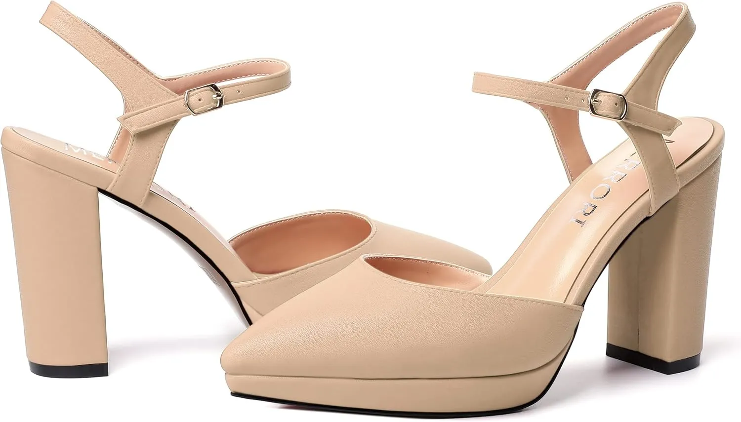 MERRORI Womens Evening Matte Sandals Dress Buckle Pointed Toe Ankle Strap Chunky High Heel Pumps Shoes 4 Inch