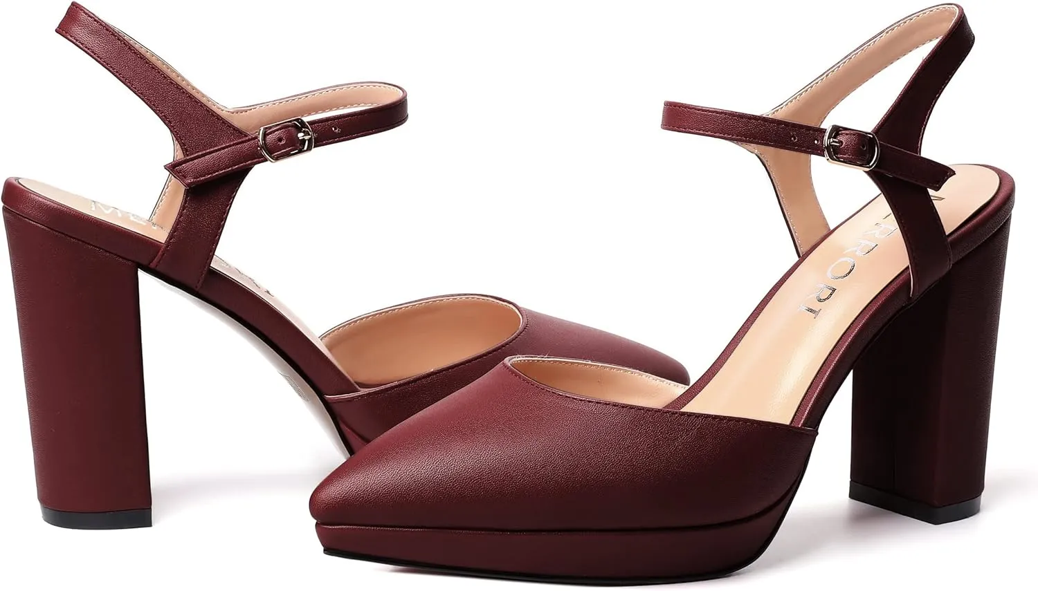MERRORI Womens Evening Matte Sandals Dress Buckle Pointed Toe Ankle Strap Chunky High Heel Pumps Shoes 4 Inch