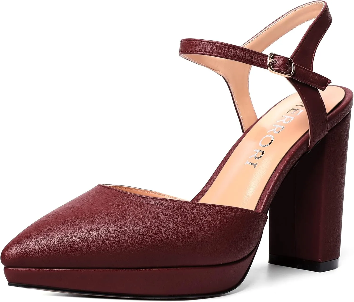 MERRORI Womens Evening Matte Sandals Dress Buckle Pointed Toe Ankle Strap Chunky High Heel Pumps Shoes 4 Inch
