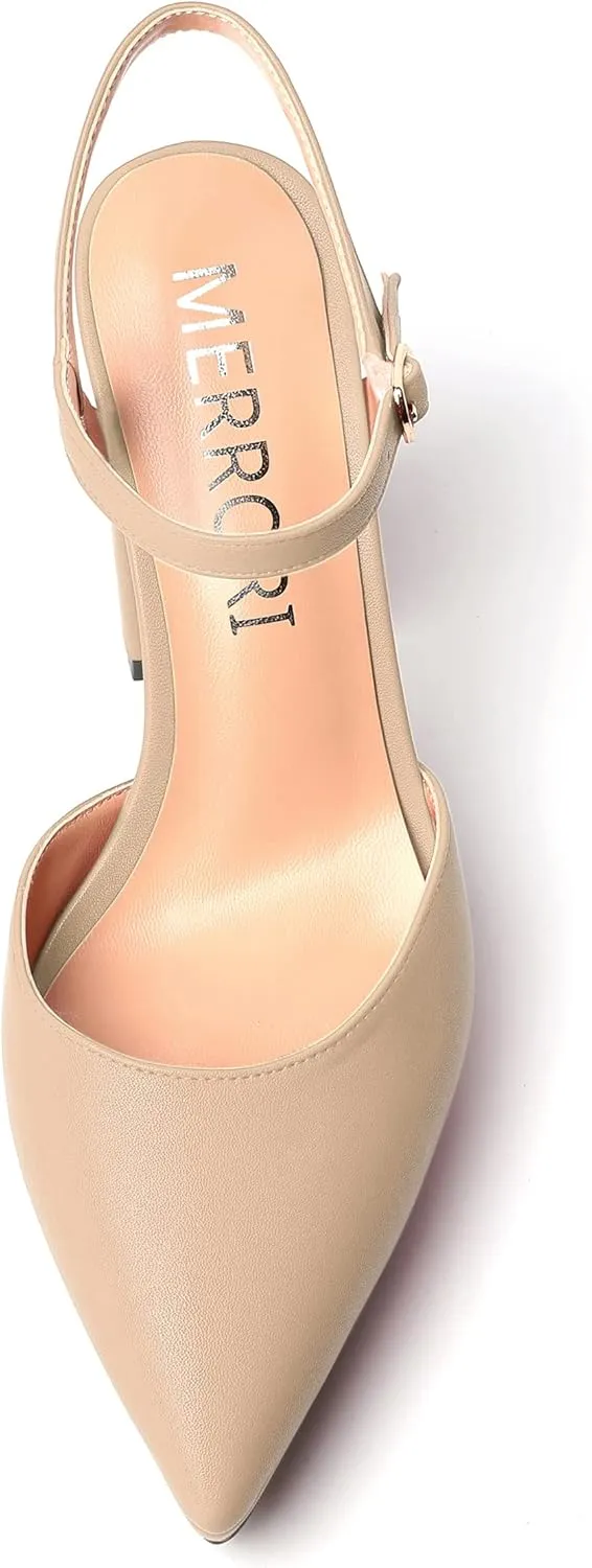 MERRORI Womens Evening Matte Sandals Dress Buckle Pointed Toe Ankle Strap Chunky High Heel Pumps Shoes 4 Inch
