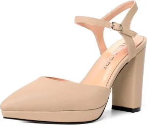 MERRORI Womens Evening Matte Sandals Dress Buckle Pointed Toe Ankle Strap Chunky High Heel Pumps Shoes 4 Inch