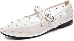 Mesh Ballet Flats Shoes for Women Comfortable Studded Mary Jane Shoes Ballerina Buckle Strap Business Office Work Dress Shoes