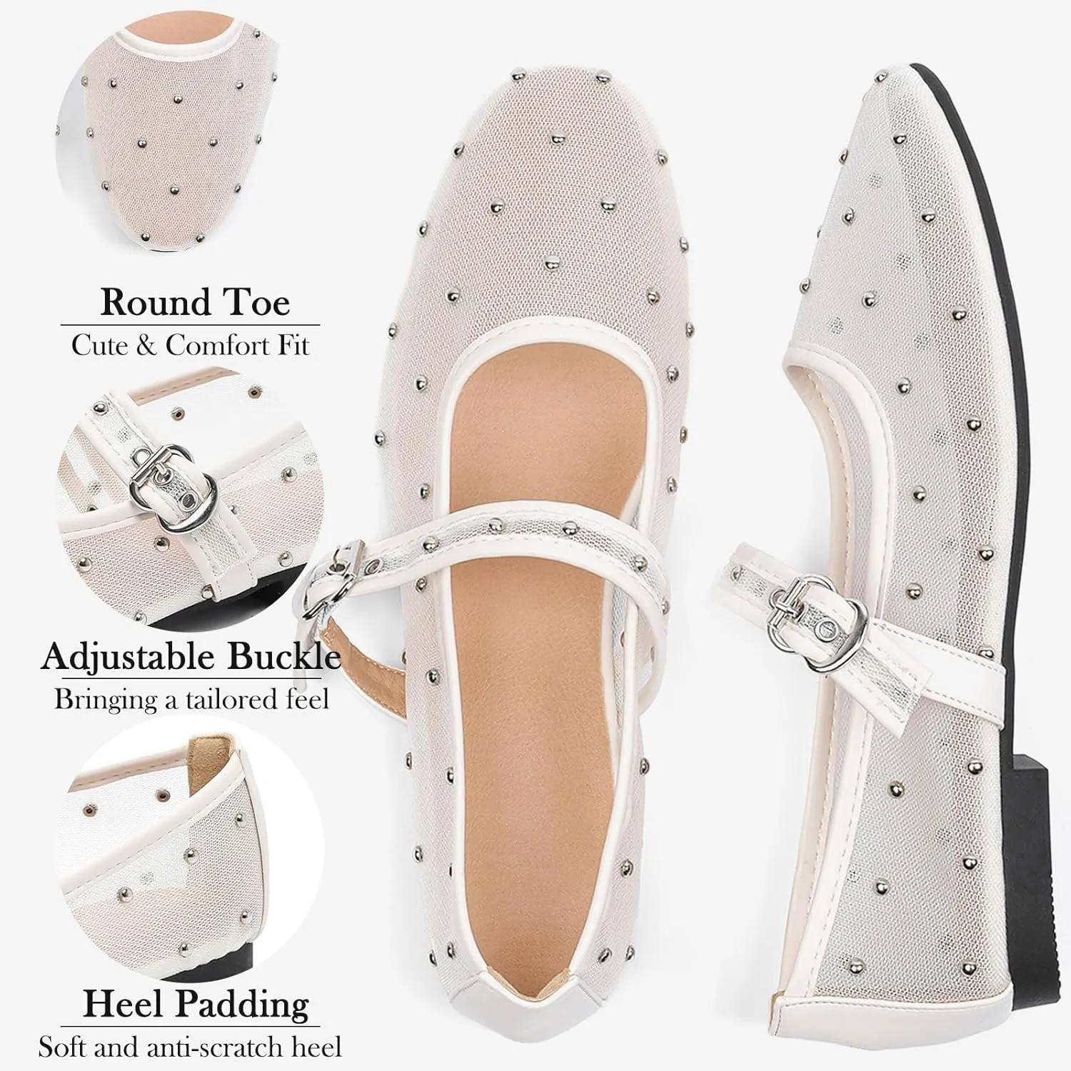 Mesh Ballet Flats Shoes for Women Comfortable Studded Mary Jane Shoes Ballerina Buckle Strap Business Office Work Dress Shoes
