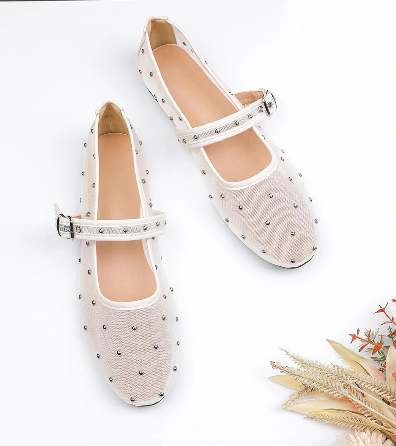 Mesh Ballet Flats Shoes for Women Comfortable Studded Mary Jane Shoes Ballerina Buckle Strap Business Office Work Dress Shoes