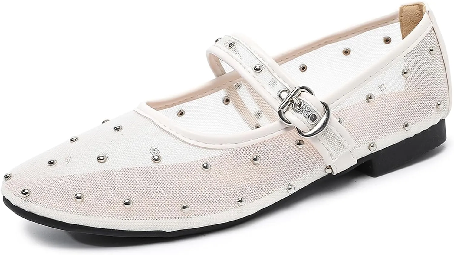 Mesh Ballet Flats Shoes for Women Comfortable Studded Mary Jane Shoes Ballerina Buckle Strap Business Office Work Dress Shoes