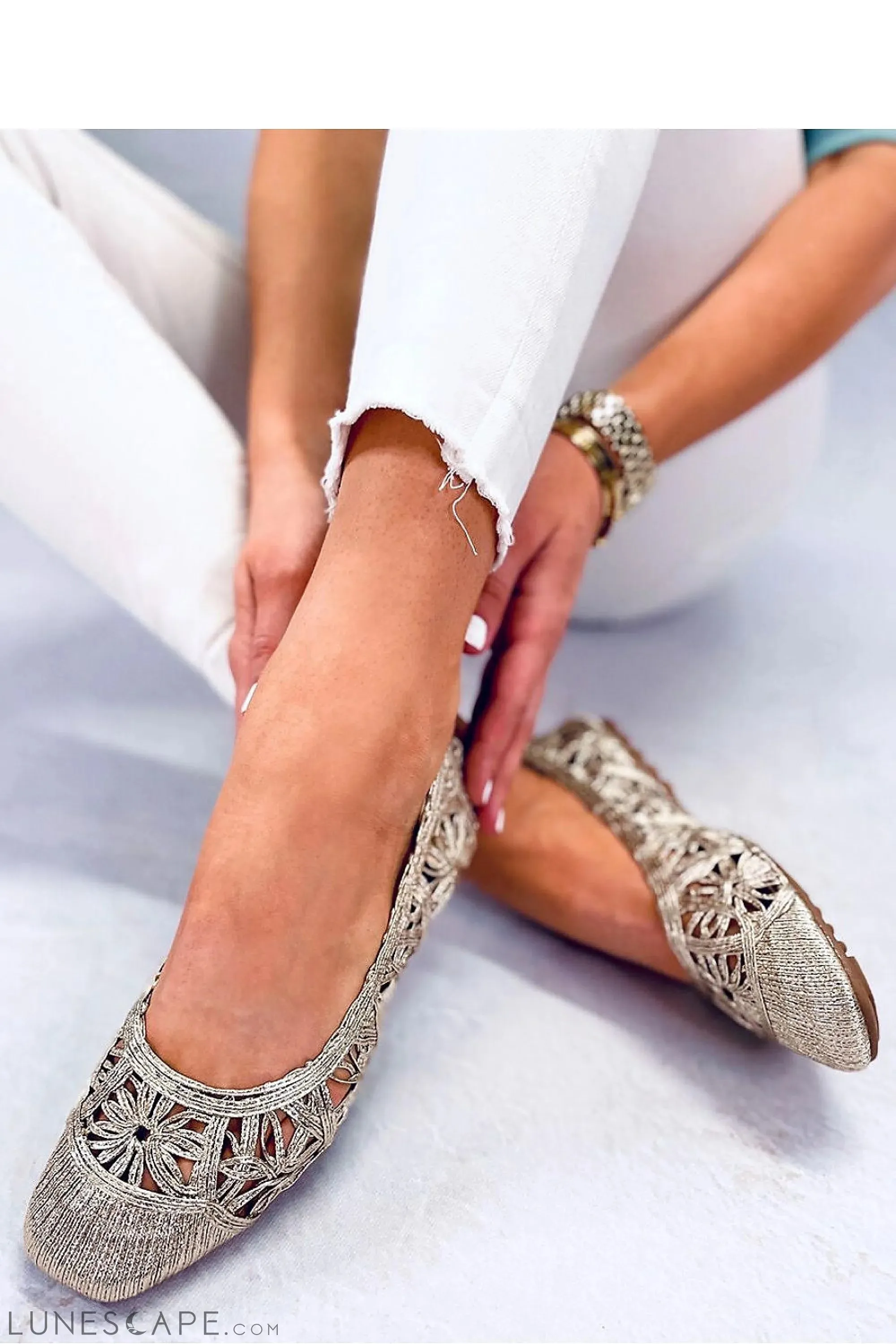 Metallic Gold Embroidered Cutout Women's Ballet Flats