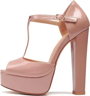 Mettesally Women's Platform Chunky High Heels T-strap Peep Toe Sandals Dress Fashion Office Shoes