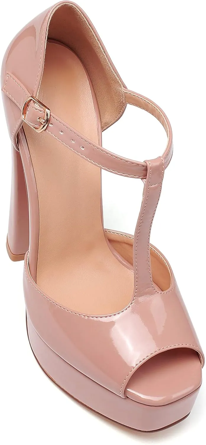 Mettesally Women's Platform Chunky High Heels T-strap Peep Toe Sandals Dress Fashion Office Shoes