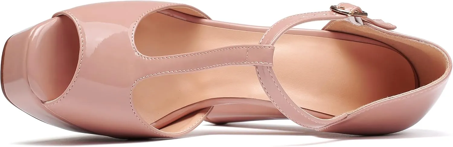 Mettesally Women's Platform Chunky High Heels T-strap Peep Toe Sandals Dress Fashion Office Shoes