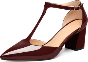 Mettesally Womens T-Strap Block Heels Pointed Toe Mid Chunky Heel Sandals Ankle Strap Party Office Pumps Shoes