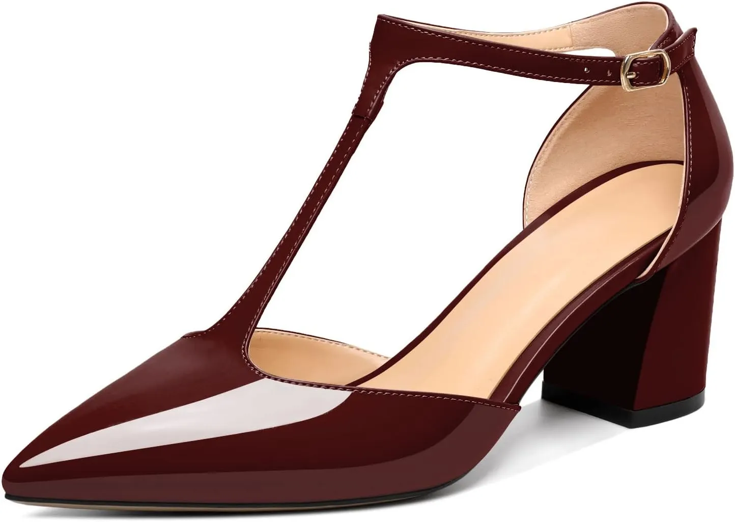 Mettesally Womens T-Strap Block Heels Pointed Toe Mid Chunky Heel Sandals Ankle Strap Party Office Pumps Shoes