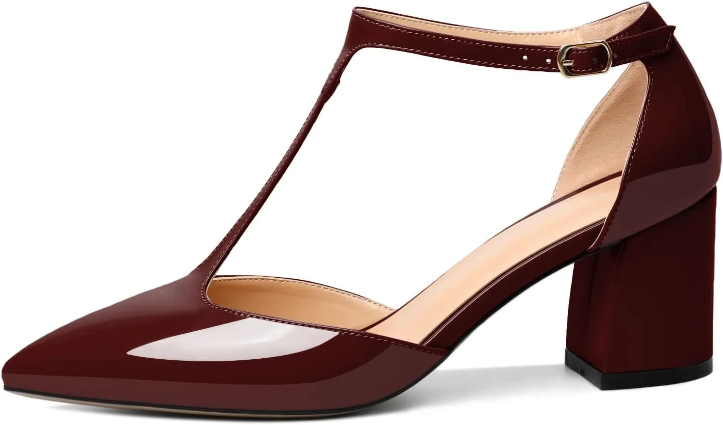 Mettesally Womens T-Strap Block Heels Pointed Toe Mid Chunky Heel Sandals Ankle Strap Party Office Pumps Shoes