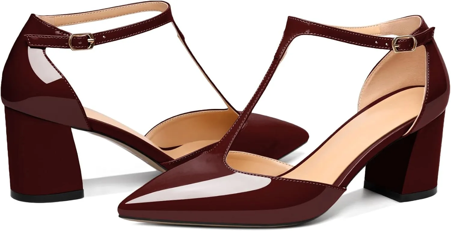 Mettesally Womens T-Strap Block Heels Pointed Toe Mid Chunky Heel Sandals Ankle Strap Party Office Pumps Shoes