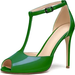 Mettesally Women's T-Strap High Heels Peep Toe Stiletto Heel Pumps Ankle Strap Sandals T-bar Party Dress Shoes