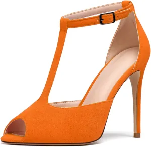 Mettesally Women's T-Strap Stiletto High Heels Peep Toe Heeled Sandals Ankle Strap T-bar Pumps Wedding Dress Shoes