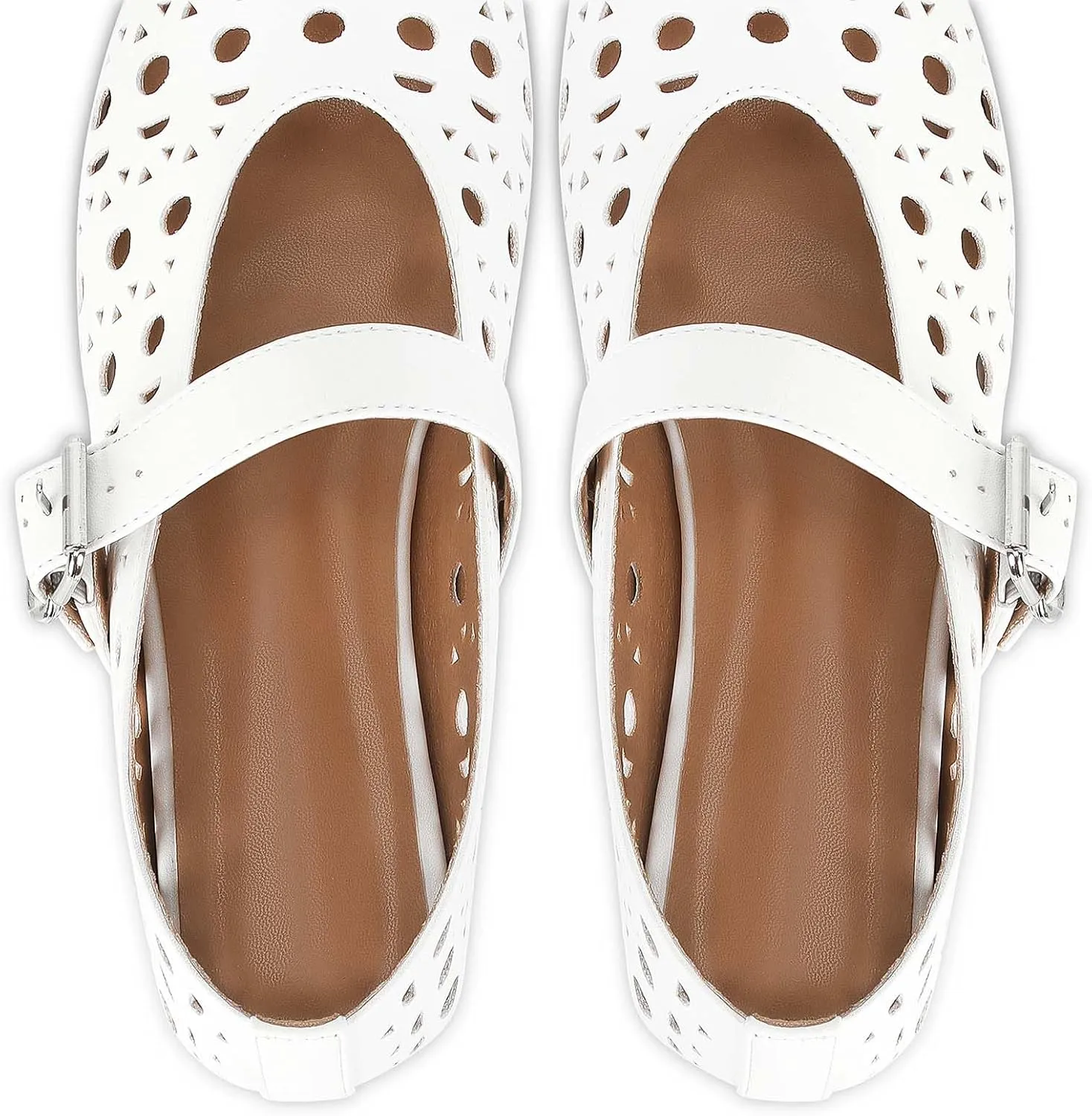 MICIFA Ballet Flats for Women with Buckle Strap Mesh Perforated Metal Studded Mary Jane Comfortable Ballerina Flat Shoes Metallic
