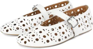 MICIFA Ballet Flats for Women with Buckle Strap Mesh Perforated Metal Studded Mary Jane Comfortable Ballerina Flat Shoes Metallic