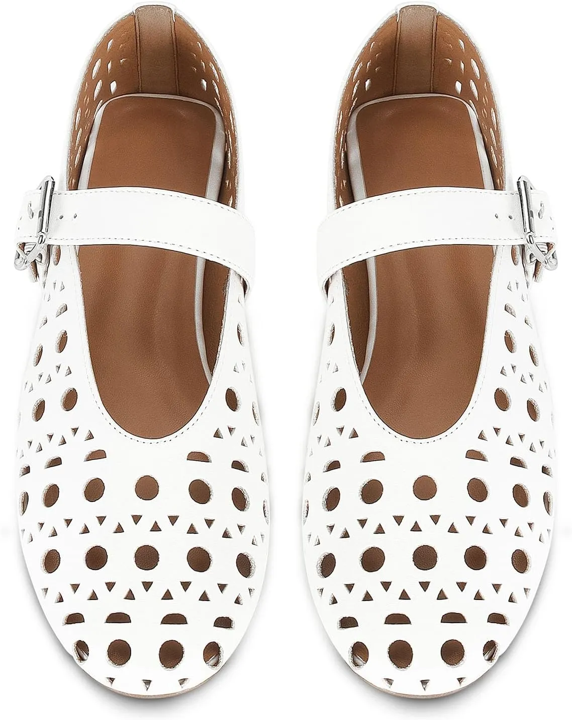 MICIFA Ballet Flats for Women with Buckle Strap Mesh Perforated Metal Studded Mary Jane Comfortable Ballerina Flat Shoes Metallic